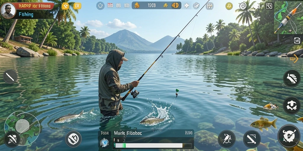 Gameplay HARAPJP dengan suasana memancing yang menenangkan dan menantang.