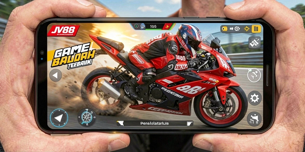 Screenshot gameplay JV88 yang menampilkan aksi balap motor seru.