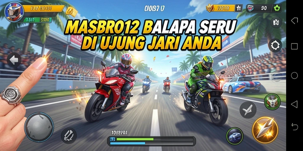 Screenshot utama gameplay MASBRO12 menunjukkan balapan yang mendebarkan dan intens.
