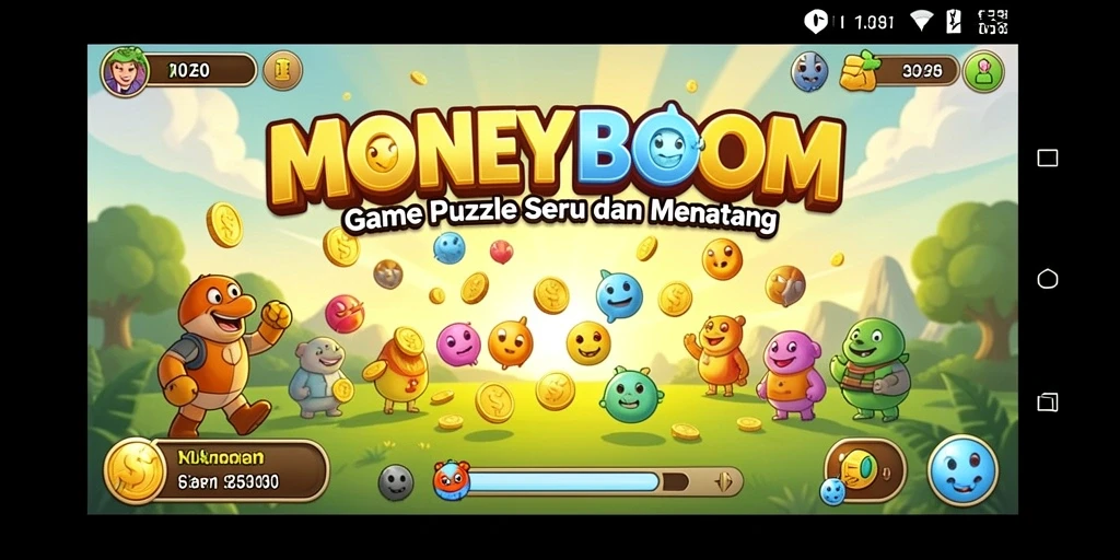 Tampilan gameplay MONEYBOOM dengan berbagai teka-teki menarik.