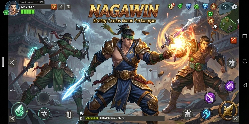 Screenshot gameplay NAGAWIN yang menunjukkan strategi dan pertempuran taktis.