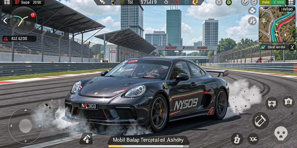 Screenshot gameplay NX303 yang menunjukkan mobil balap di jalur yang menantang.
