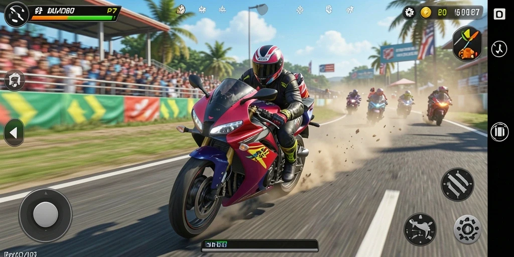 Screenshot gameplay balapan motor yang intens.