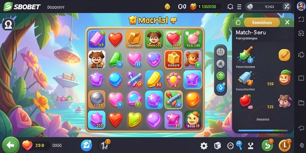 Screenshot SBOBET menampilkan gameplay Match-3 yang menarik dan penuh warna.